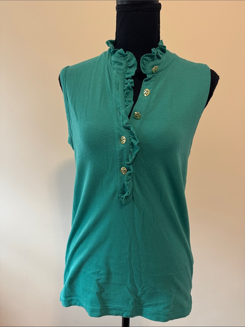 Tory Burch Green Ruffle V-Neck Sleeveless Tank